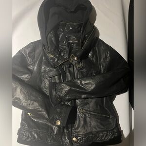 Leather jacket /coat cotton black hoody that can tuck away vintage biker black